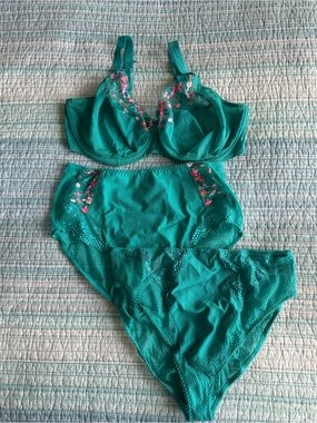 Elomi 38GG UK Teal Embroidered Lace Bra with 2 pairs matching Teal Briefs